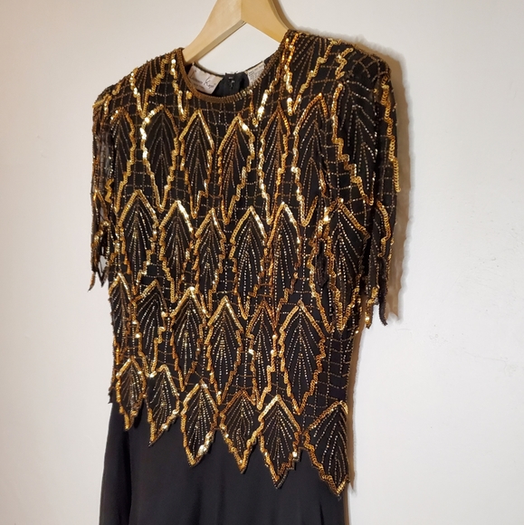 Golden Leaf Beaded and Sequin Black and Gold Flowy Short Sleeve Evening Dress - Picture 14 of 16